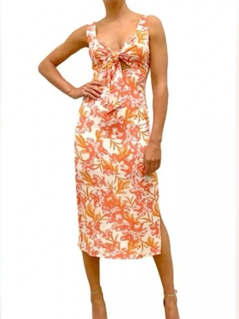 Sam Edelman Coral and Cream Floral Tie-Front Midi Dress